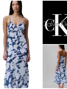 Calvin Klein Navy & White Abstract Floral Slip Maxi Dress
